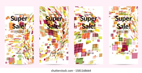 Square pixel multicolored mosaic on white. Transparent overlapping squatters create movement effect. Colorful dynamic geometry. Sport background.