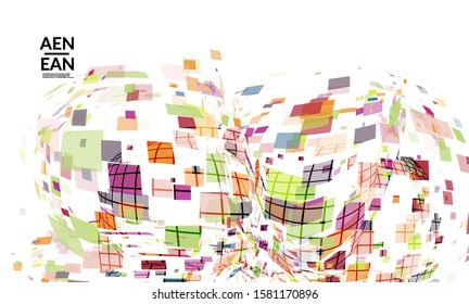 Square pixel multicolored mosaic on white. Transparent overlapping squatters create movement effect. Colorful dynamic geometry. Sport background.