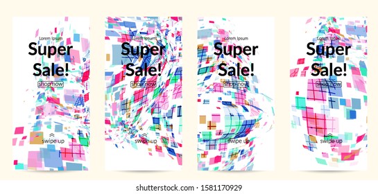 Square pixel multicolored mosaic on white. Transparent overlapping squatters create movement effect. Colorful dynamic geometry. Sport background.