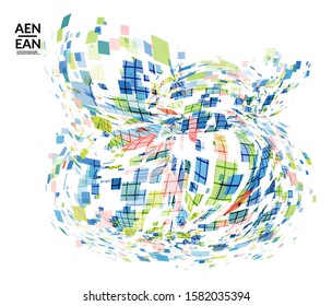 Square pixel multicolored mosaic on white. Transparent overlapping squatters create movement effect. Colorful dynamic geometry. Sport background.