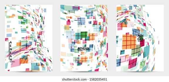 Square pixel multicolored mosaic on white. Transparent overlapping squatters create movement effect. Colorful dynamic geometry. Sport background.