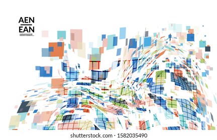 Square pixel multicolored mosaic on white. Transparent overlapping squatters create movement effect. Colorful dynamic geometry. Sport background.