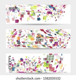 Square pixel multicolored mosaic on white. Transparent overlapping squatters create movement effect. Colorful dynamic geometry. Sport background.