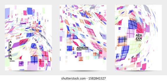 Square pixel multicolored mosaic on white. Transparent overlapping squatters create movement effect. Colorful dynamic geometry. Sport background.