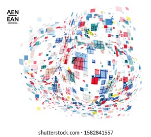 Square pixel multicolored mosaic on white. Transparent overlapping squatters create movement effect. Colorful dynamic geometry. Sport background.