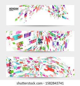 Square pixel multicolored mosaic on white. Transparent overlapping squatters create movement effect. Colorful dynamic geometry. Sport background.