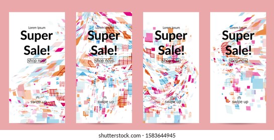 Square pixel multicolored mosaic on white. Transparent overlapping squatters create movement effect. Colorful dynamic geometry. Sport background.