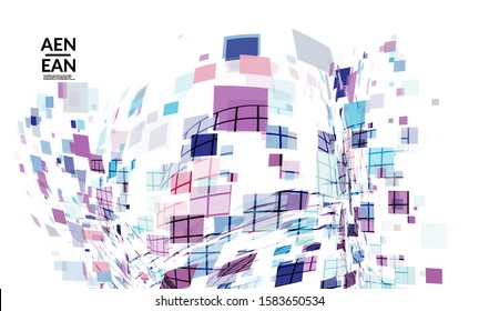 Square pixel multicolored mosaic on white. Transparent overlapping squatters create movement effect. Colorful dynamic geometry. Sport background.