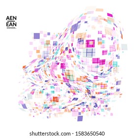 Square pixel multicolored mosaic on white. Transparent overlapping squatters create movement effect. Colorful dynamic geometry. Sport background.