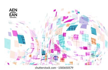 Square pixel multicolored mosaic on white. Transparent overlapping squatters create movement effect. Colorful dynamic geometry. Sport background.