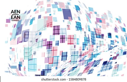 Square pixel multicolored mosaic on white. Transparent overlapping squatters create movement effect. Colorful dynamic geometry. Sport background.