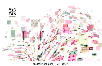 Square pixel multicolored mosaic on white. Transparent overlapping squatters create movement effect. Colorful dynamic geometry. Sport background.