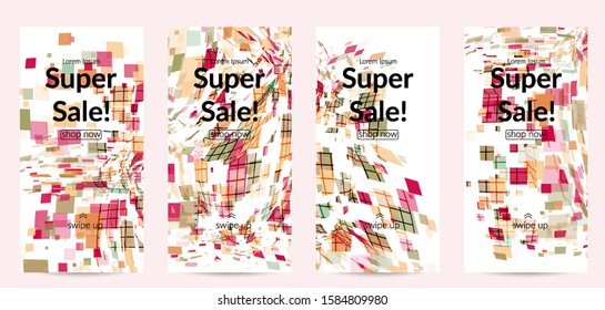 Square pixel multicolored mosaic on white. Transparent overlapping squatters create movement effect. Colorful dynamic geometry. Sport background.