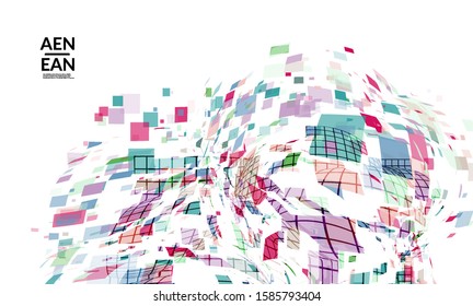 Square pixel multicolored mosaic on white. Transparent overlapping squatters create movement effect. Colorful dynamic geometry. Sport background.