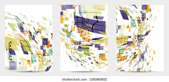 Square pixel multicolored mosaic on white. Transparent overlapping squatters create movement effect. Colorful dynamic geometry. Sport background.