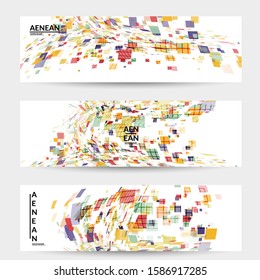 Square pixel multicolored mosaic on white. Transparent overlapping squatters create movement effect. Colorful dynamic geometry. Sport background.