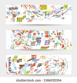 Square pixel multicolored mosaic on white. Transparent overlapping squatters create movement effect. Colorful dynamic geometry. Sport background.