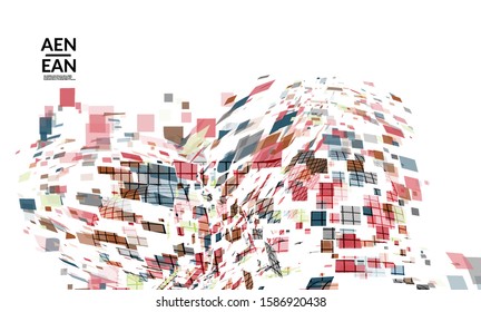 Square pixel multicolored mosaic on white. Transparent overlapping squatters create movement effect. Colorful dynamic geometry. Sport background.