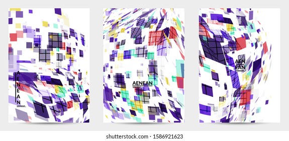 Square pixel multicolored mosaic on white. Transparent overlapping squatters create movement effect. Colorful dynamic geometry. Sport background.
