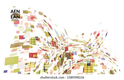 Square pixel multicolored mosaic on white. Transparent overlapping squatters create movement effect. Colorful dynamic geometry. Sport background.