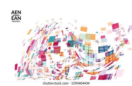Square pixel multicolored mosaic on white. Transparent overlapping squatters create movement effect. Colorful dynamic geometry. Sport background.