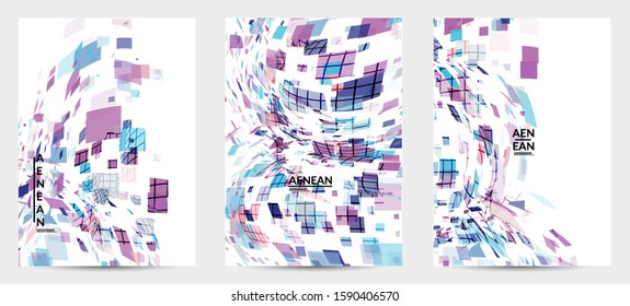 Square pixel multicolored mosaic on white. Transparent overlapping squatters create movement effect. Colorful dynamic geometry. Sport background.