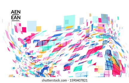 Square pixel multicolored mosaic on white. Transparent overlapping squatters create movement effect. Colorful dynamic geometry. Sport background.