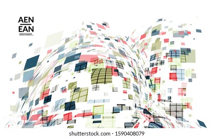 Square pixel multicolored mosaic on white. Transparent overlapping squatters create movement effect. Colorful dynamic geometry. Sport background.