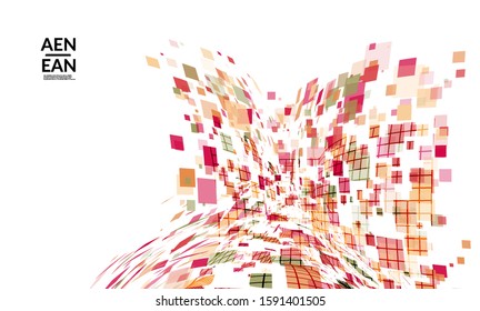 Square pixel multicolored mosaic on white. Transparent overlapping squatters create movement effect. Colorful dynamic geometry. Sport background.