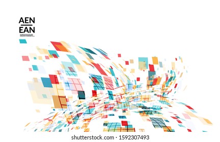 Square pixel multicolored mosaic on white. Transparent overlapping squatters create movement effect. Colorful dynamic geometry. Sport background.
