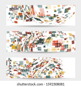 Square pixel multicolored mosaic on white. Transparent overlapping squatters create movement effect. Colorful dynamic geometry. Sport background.