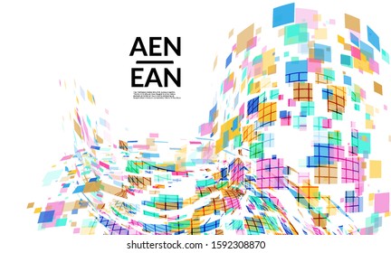 Square pixel multicolored mosaic on white. Transparent overlapping squatters create movement effect. Colorful dynamic geometry. Sport background.