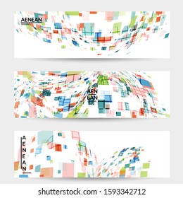Square pixel multicolored mosaic on white. Transparent overlapping squatters create movement effect. Colorful dynamic geometry. Sport background.