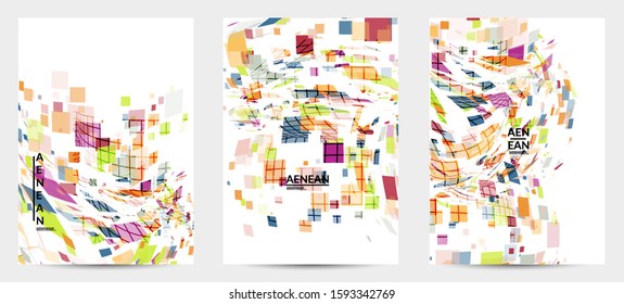 Square pixel multicolored mosaic on white. Transparent overlapping squatters create movement effect. Colorful dynamic geometry. Sport background.