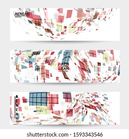 Square pixel multicolored mosaic on white. Transparent overlapping squatters create movement effect. Colorful dynamic geometry. Sport background.