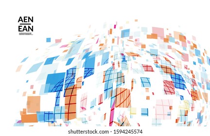 Square pixel multicolored mosaic on white. Transparent overlapping squatters create movement effect. Colorful dynamic geometry. Sport background.