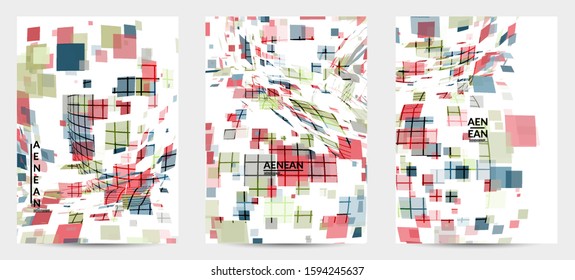 Square pixel multicolored mosaic on white. Transparent overlapping squatters create movement effect. Colorful dynamic geometry. Sport background.