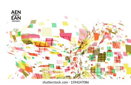Square pixel multicolored mosaic on white. Transparent overlapping squatters create movement effect. Colorful dynamic geometry. Sport background.