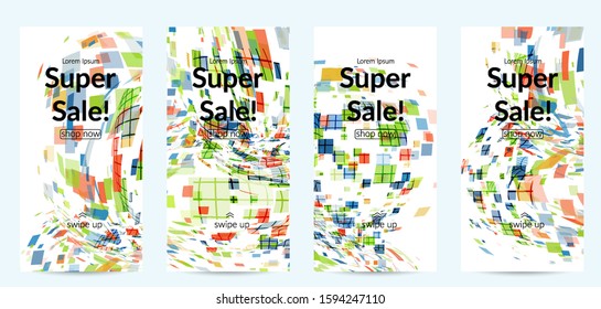 Square pixel multicolored mosaic on white. Transparent overlapping squatters create movement effect. Colorful dynamic geometry. Sport background.
