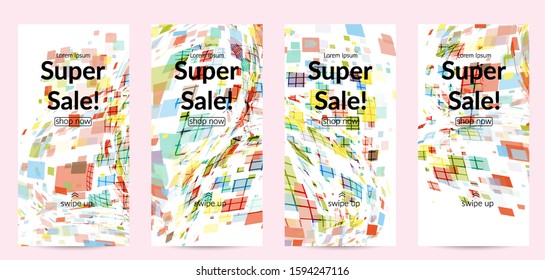 Square pixel multicolored mosaic on white. Transparent overlapping squatters create movement effect. Colorful dynamic geometry. Sport background.