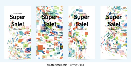 Square pixel multicolored mosaic on white. Transparent overlapping squatters create movement effect. Colorful dynamic geometry. Sport background.