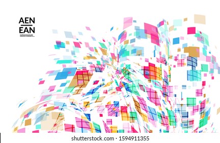 Square pixel multicolored mosaic on white. Transparent overlapping squatters create movement effect. Colorful dynamic geometry. Sport background.