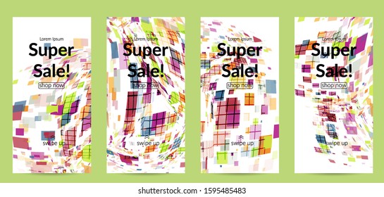 Square pixel multicolored mosaic on white. Transparent overlapping squatters create movement effect. Colorful dynamic geometry. Sport background.
