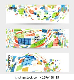 Square pixel multicolored mosaic on white. Transparent overlapping squatters create movement effect. Colorful dynamic geometry. Sport background.