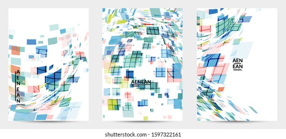 Square pixel multicolored mosaic on white. Transparent overlapping squatters create movement effect. Colorful dynamic geometry. Sport background.