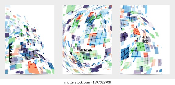 Square pixel multicolored mosaic on white. Transparent overlapping squatters create movement effect. Colorful dynamic geometry. Sport background.
