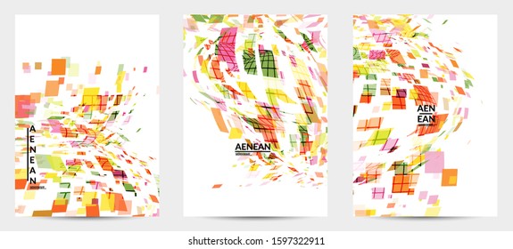Square pixel multicolored mosaic on white. Transparent overlapping squatters create movement effect. Colorful dynamic geometry. Sport background.