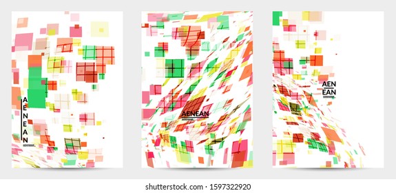 Square pixel multicolored mosaic on white. Transparent overlapping squatters create movement effect. Colorful dynamic geometry. Sport background.