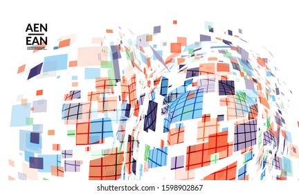 Square pixel multicolored mosaic on white. Transparent overlapping squatters create movement effect. Colorful dynamic geometry. Sport background.