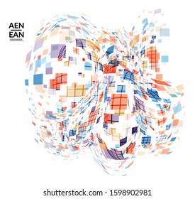 Square pixel multicolored mosaic on white. Transparent overlapping squatters create movement effect. Colorful dynamic geometry. Sport background.